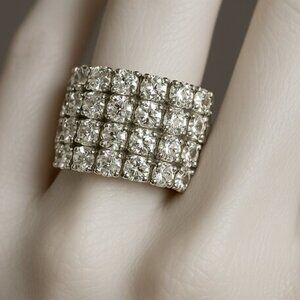 Silver Stretch Ring with Clear Rhinestones – Glamorous Wide Band Bling - 5 Rows